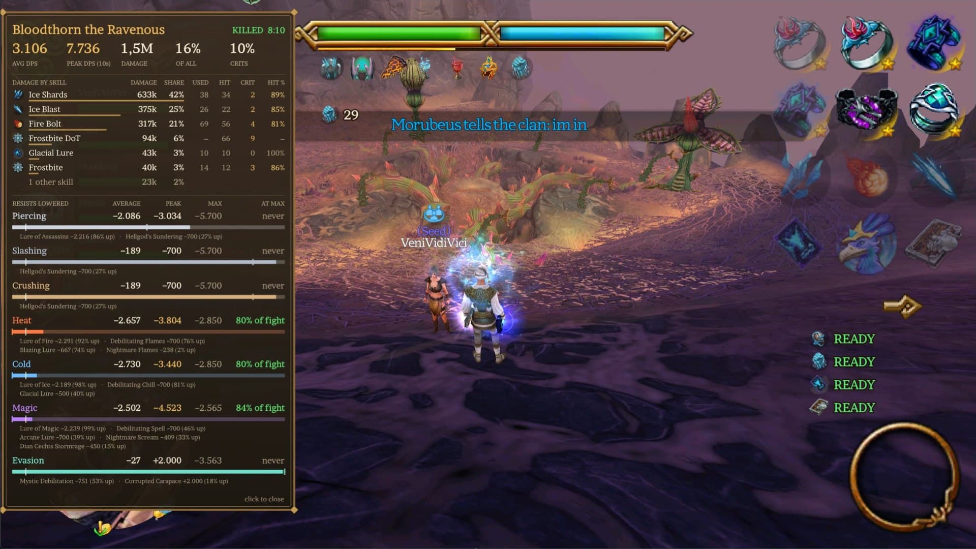 The Codex Overlay in game: the kill summary after a Bloodthorn kill, with cooldowns ready on the right